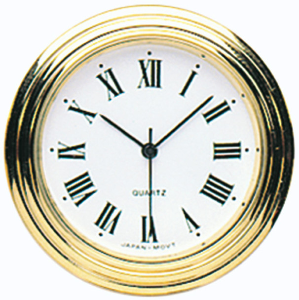 A white faced mini clock insert with black roman numerals and a gold waterfall style bezel.