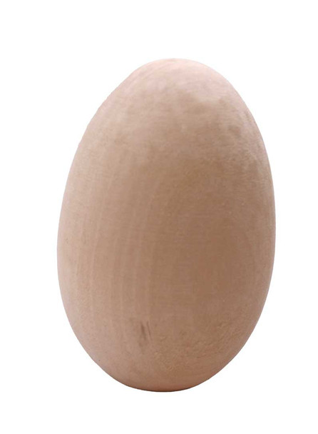 An upright wood egg the size of a goose egg.