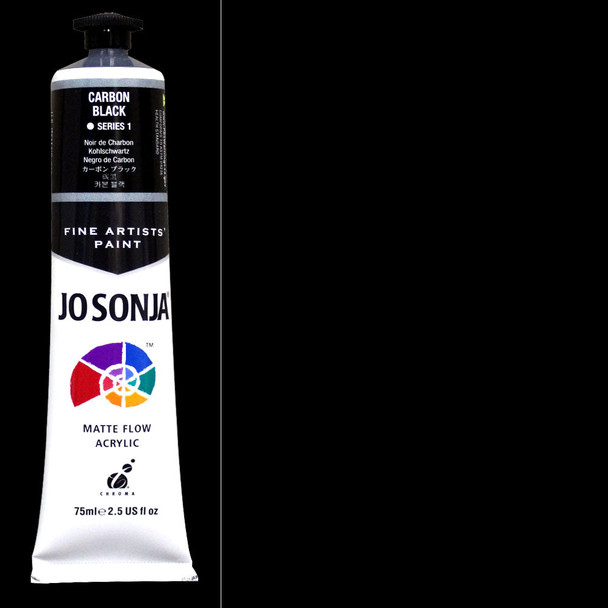 This is a 2.5-ounce tube of Jo Sonya Carbon Black Acrylic Paint showing the true color beside it.