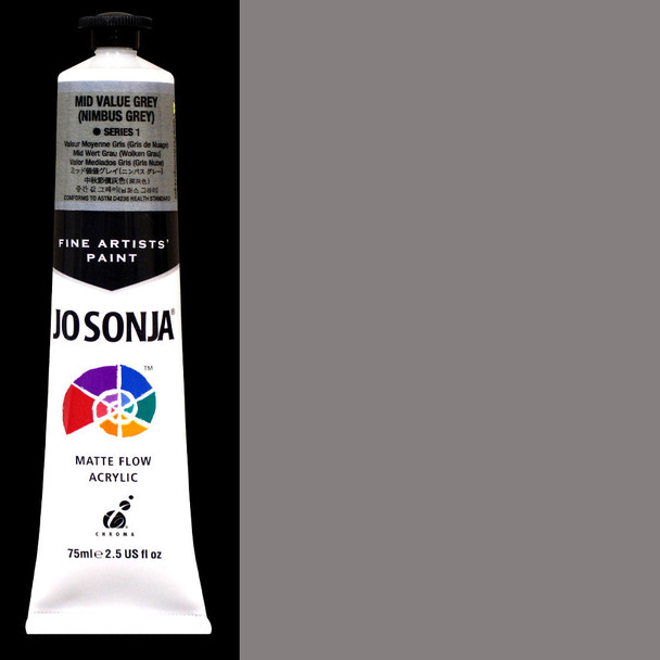  A sample of the color next to the 2.5 ounce tube of Jo Sonya Nimbus Grey Acrylic Paint.