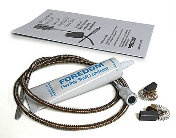 The Foredom Maintenance Kit for 1/6HP Series SR Motors with grease, instructions, one flexible shaft, and one pair of motor brushes.