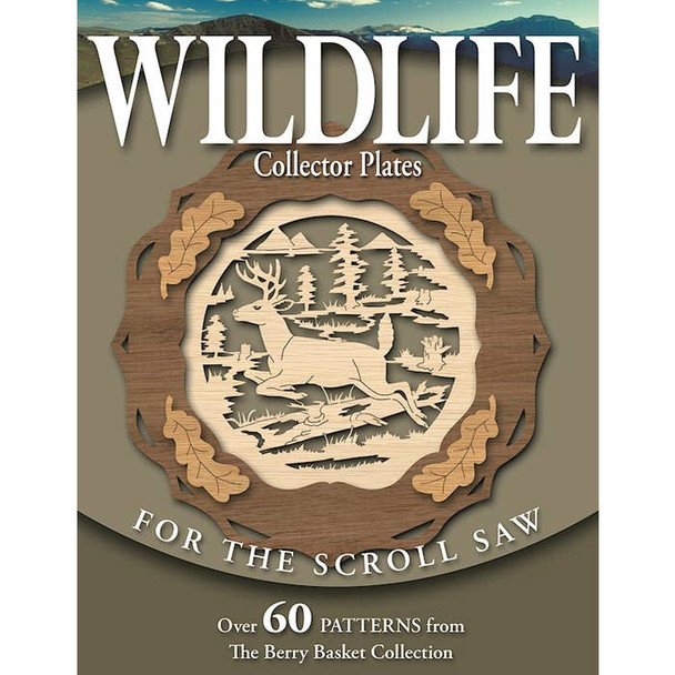 The cover of the Wildlife Collector Plates Book with a scroll-sawn buck jumping over a down tree.