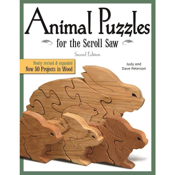 The cover of Animal Puzzles for Scroll Saw Woodworking with three different-sized Rabbits.