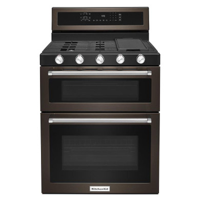 Kitchenaid® 30-Inch 5 Burner Gas Double Oven Convection Range KFGD500EBS