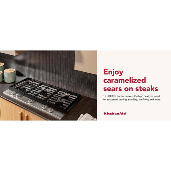 Kitchenaid® Gas-on-Metal Cooktop with 5 Versatile Burners and Edge-to-Edge Cast-Iron Grates KCGK336SSS