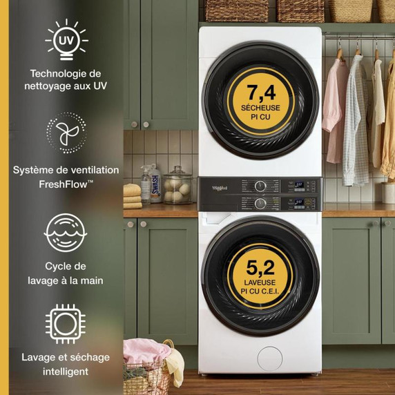 Whirlpool® Smart ENERGY STAR® Front Load Laundry Tower 5.2 cu. ft. Washer & 7.4 cu. ft. Electric Dryer with UV Clean Technology and FreshFlow™ Vent System YWEF5727TW