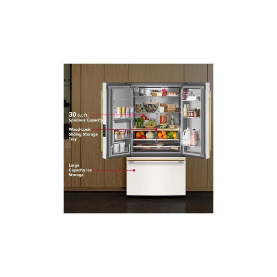Kitchenaid® 30 Cu. Ft. 36-Inch French Door Refrigerator with Exterior Water and Ice Dispenser and Wood-Look Sliding Tray in Porcelain White KRFF436SPL