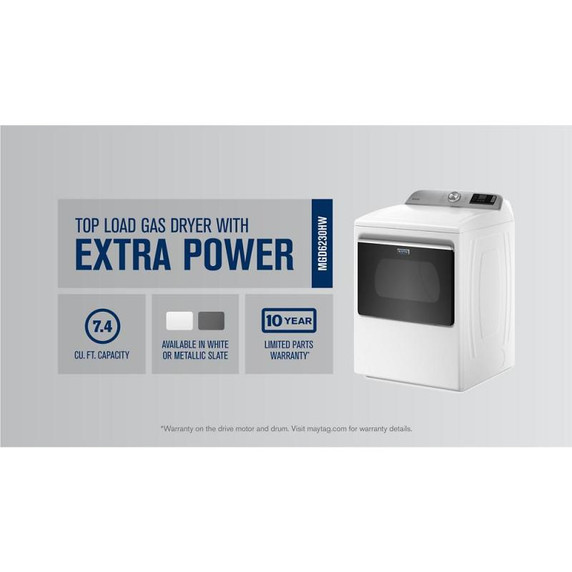 Maytag® Smart Top Load Gas Dryer with Extra Power Button - 7.4 cu. ft. MGD6230HW Maytag® Smart Top Load Gas Dryer with Extra Power Button - 7.4 cu. ft. MGD6230HW