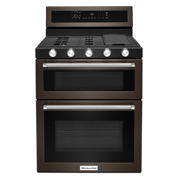 Kitchenaid® 30-Inch 5 Burner Gas Double Oven Convection Range KFGD500EBS