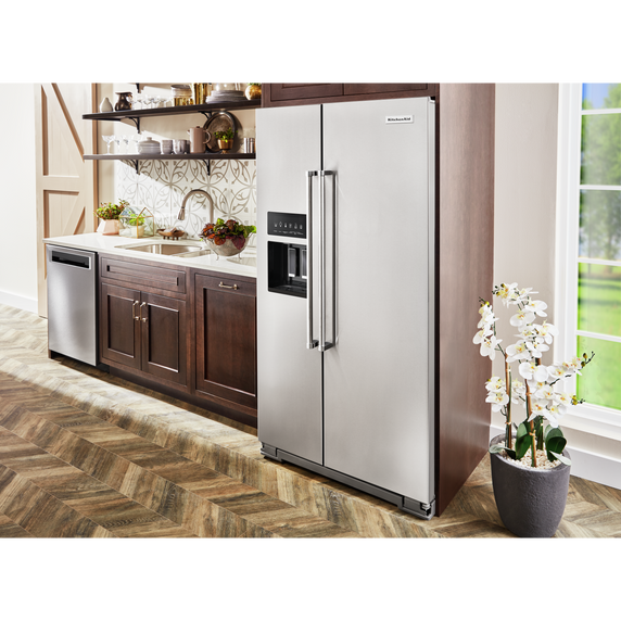 Kitchenaid® 19.9 cu ft. Counter-Depth Side-by-Side Refrigerator with Exterior Ice and Water and PrintShield™ finish KRSC700HPS