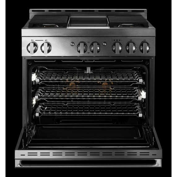Jennair® 36" NOIR™ Gas Professional-Style Range with Chrome-Infused Griddle JGRP536HM