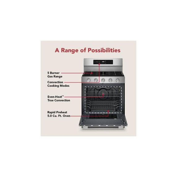 Kitchenaid® 5.0 Cu. Ft. Smart Freestanding Gas Range with Convection Cooking Modes KFGS530SPS