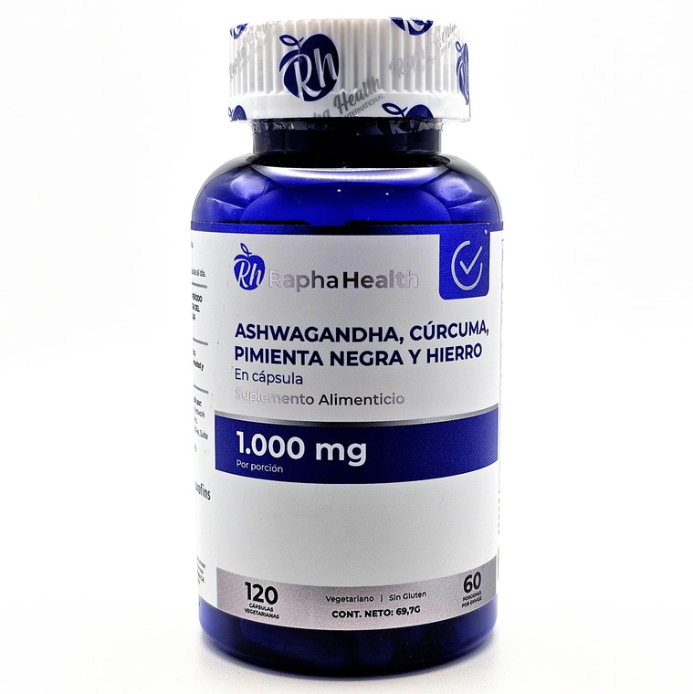 Ashwagandha, Curcuma, Pimienta Negra y Hierro 1000 mg | Rapha Health | 120 capsulas