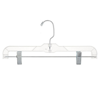 These 14" clear plastic skirt and pant hangers are engineered for strength with added elastomers for maximum flexibility. Each hanger features securely anchored bright plated swivel hooks, hang bars and super strong padded metal clips.