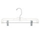 These 14" clear plastic skirt and pant hangers are engineered for strength with added elastomers for maximum flexibility. Each hanger features securely anchored bright plated swivel hooks, hang bars and super strong padded metal clips.