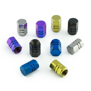 Titanium Dust Cap Hexagon To Fit Schrader Valves Pack x2 Titanium Dust Cap Hexagon To Fit Schrader Valves Pack x2