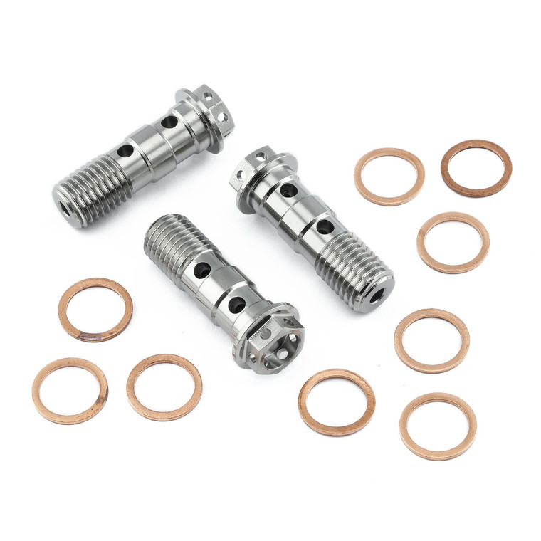 Titanium Banjo Bolt Double M10x(1.25mm) Front Brake Caliper Race Spec Pack x3 Titanium Banjo Bolt Double M10x(1.25mm) Front Brake Caliper Race Spec Pack x3