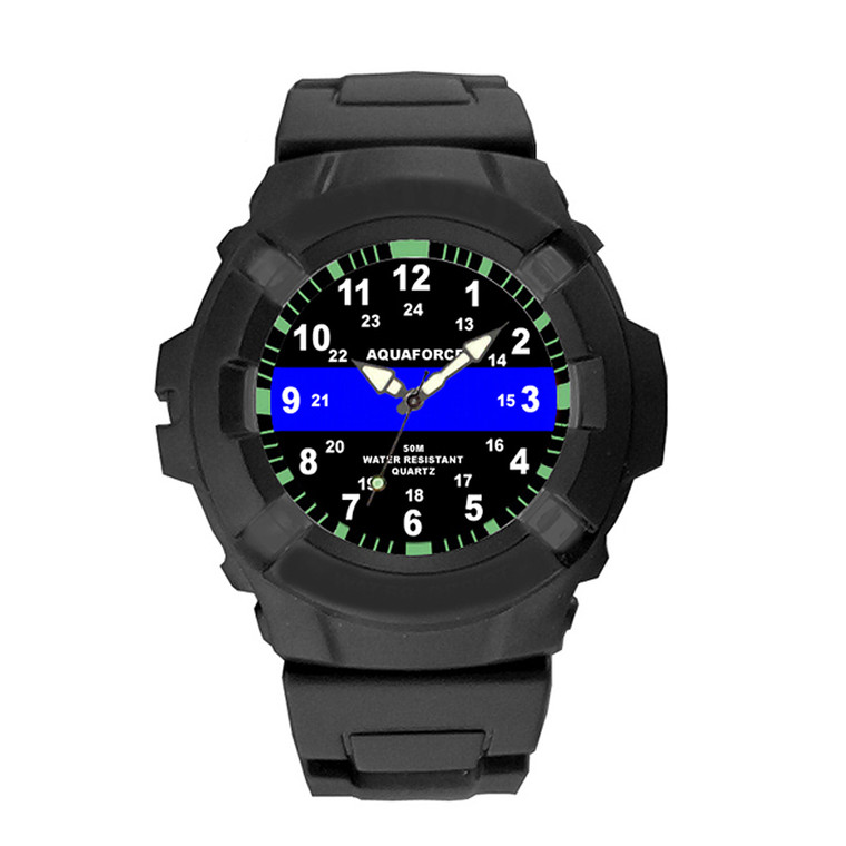 Rothco Aqua Force Thin Blue Line Police Officer Rugged Pu Rubber Watch (50m Water Resistant) - Black