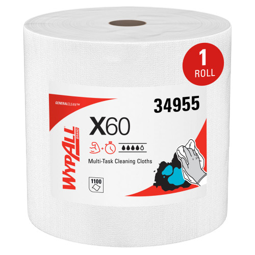 WypAll® 34955 GeneralClean™ X60 White 12.4" x 12.2" Multi-Task Cleaning Cloths - 1100 Sheet Jumbo Roll