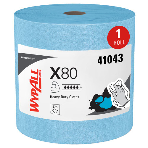 WypAll® 41043 PowerClean™ X80 Blue 12.4" x 12.2" Heavy-Duty Cloths - 475 Sheet Jumbo Roll