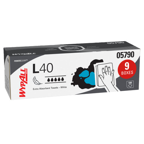 WypAll® 05790 PowerClean™ L40 White 9.8" x 16.4" Extra Absorbent Towels - 100 Wipe Pop-Up Box