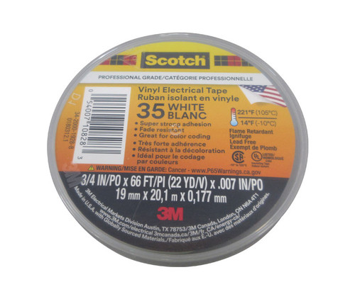 3M™ 054007-10828 Scotch® 35 White 7 Mil Professional Grade Vinyl Electrical Tape - 3/4" x 66' Roll