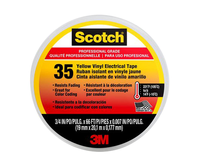 3M™ 054007-10810 Scotch® 35 Yellow 7 Mil Professional Grade Vinyl Electrical Tape - 3/4" x 66' Roll