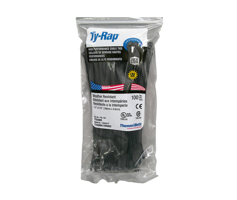 Ty-Rap® TY525MX Black Ultroviolet Resistant 7.31" Cable Tie - Pack of 100