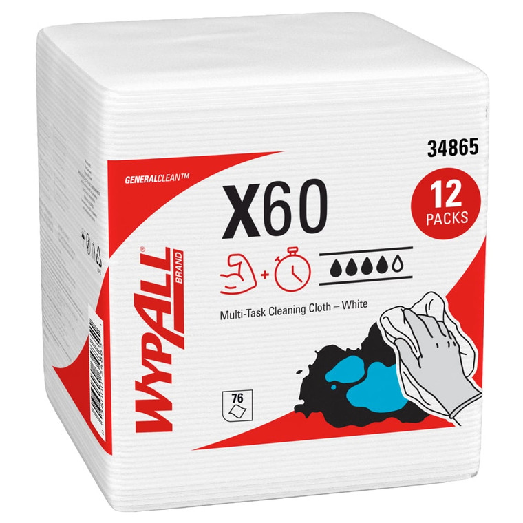 WypAll® 34865 GeneralClean™ X60 White 1/4 Fold 12.5" x 12" Multi-Task Cleaning Cloths - 12 Packs of 76 Sheets