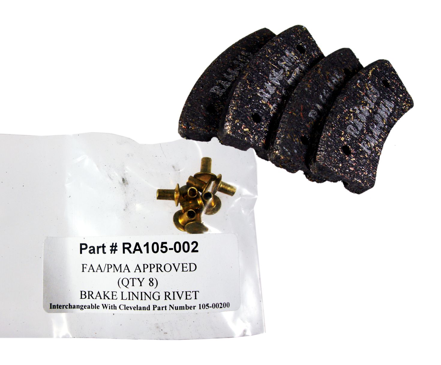 RAPCO RA066-10500-4K FAA-PMA Brake Lining Kit (4 Linings, 8 Rivets)