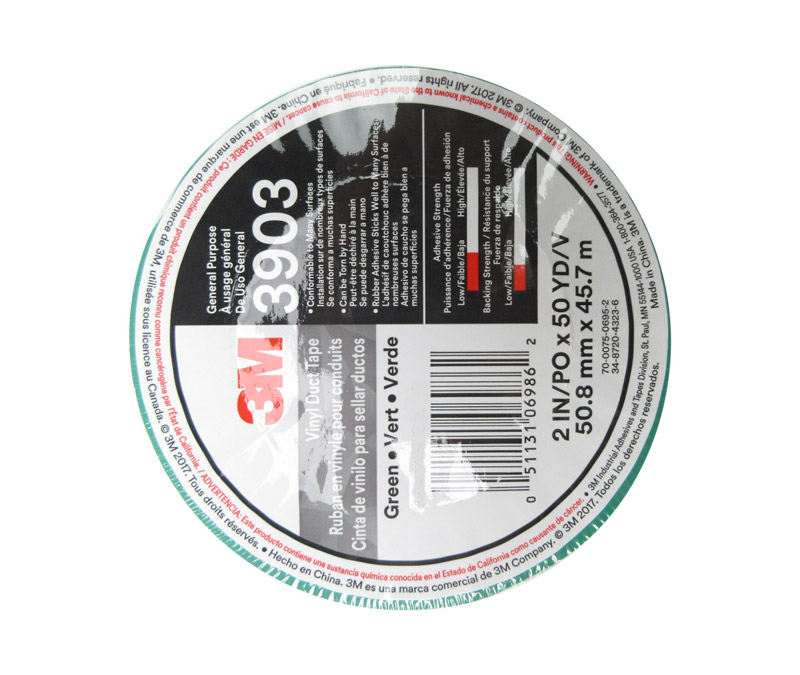 3M™ 051131-06986 Green 3903 Vinyl 6.5 Mil Duct Tape - 2" x 50 Yard Roll - 24/Case