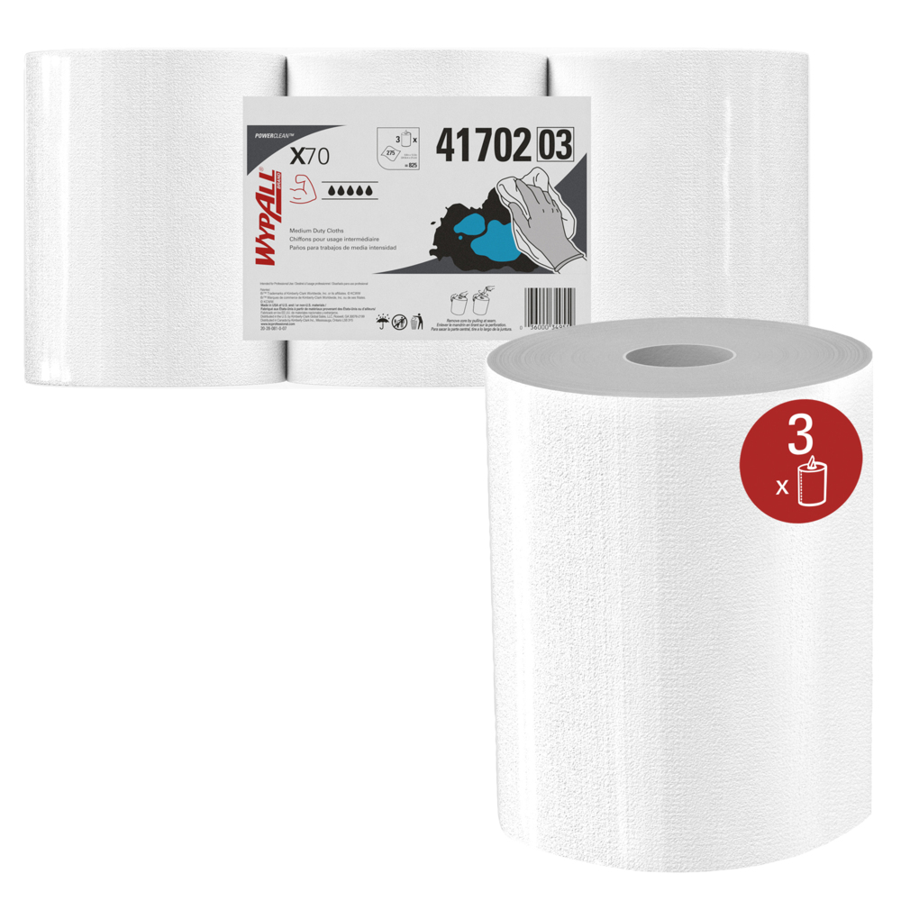 WypAll® 41702 PowerClean™ X70 White 9.8" x 12.2" Medium Duty Cloths - 276 Sheet Center-Pull Roll - 24/Case