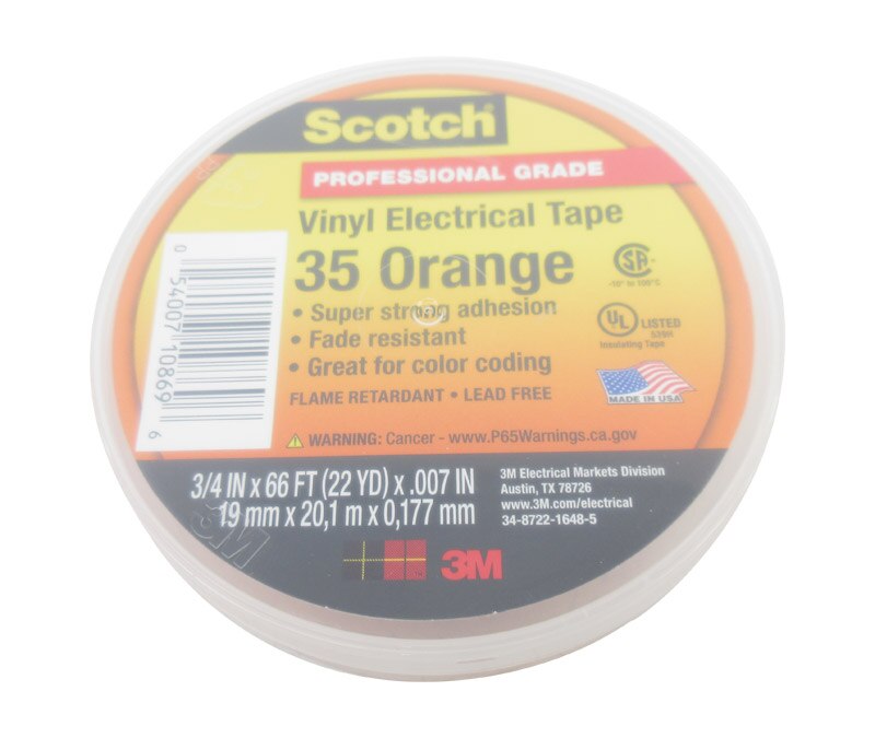 3M™ 054007-10869 Scotch® 35 Orange 7 Mil Professional Grade Vinyl Electrical Tape - 3/4" x 66' Roll
