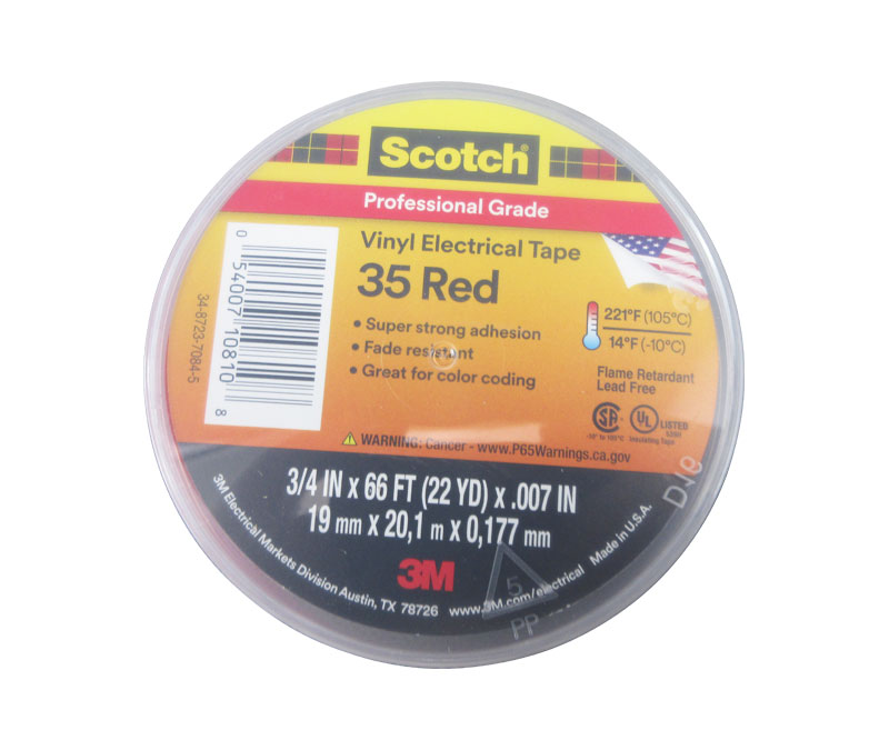 3M™ 054007-10810 Scotch® 35 Red 7 Mil Professional Grade Vinyl Electrical Tape - 3/4" x 66' Roll