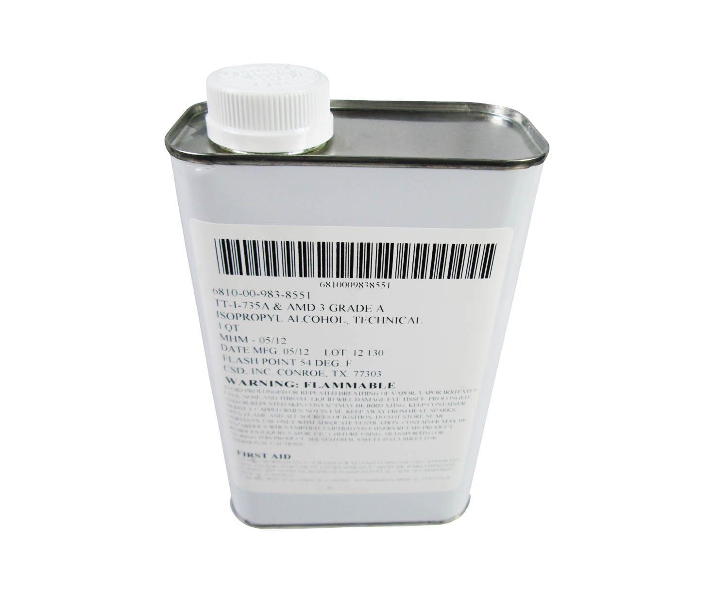 Military Specification TT-I-735A Grade A 90-100% Isopropyl Alcohol - Quart Can