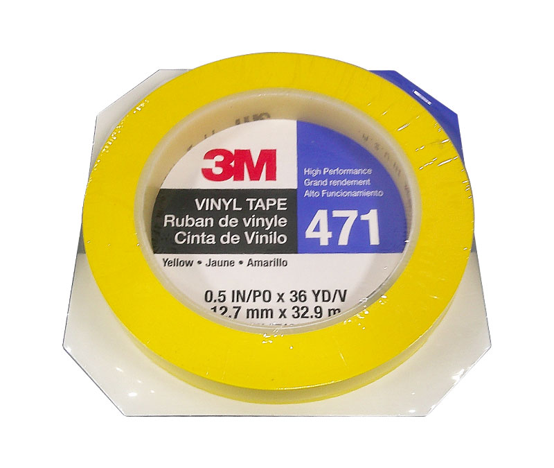 3M™ 021200-07180 Yellow 471 Vinyl 5.2 Mil Tape - 1/2" x 36 Yard Roll