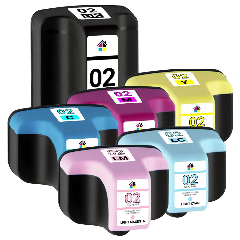 HP 02 HY Remanufactured Ink Cartridge 6PK - 1 set BCMY + Lt. Cyan, Lt. Magenta