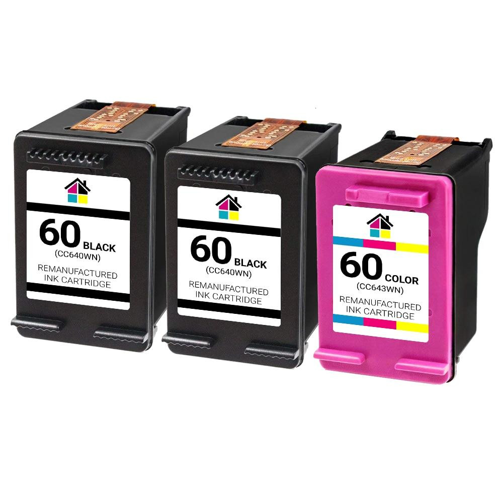 HP 60 (CC640WN/CC643WN) Remanufactured Ink Cartridges 3PK - 2 Black, 1 Color