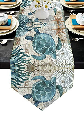 Cotton Linen Table Runner Dresser Scarves Sea Turtle Ocean Animal Nautical Themed and Retro Non-Slip Burlap Rectangle Table Setting Decor