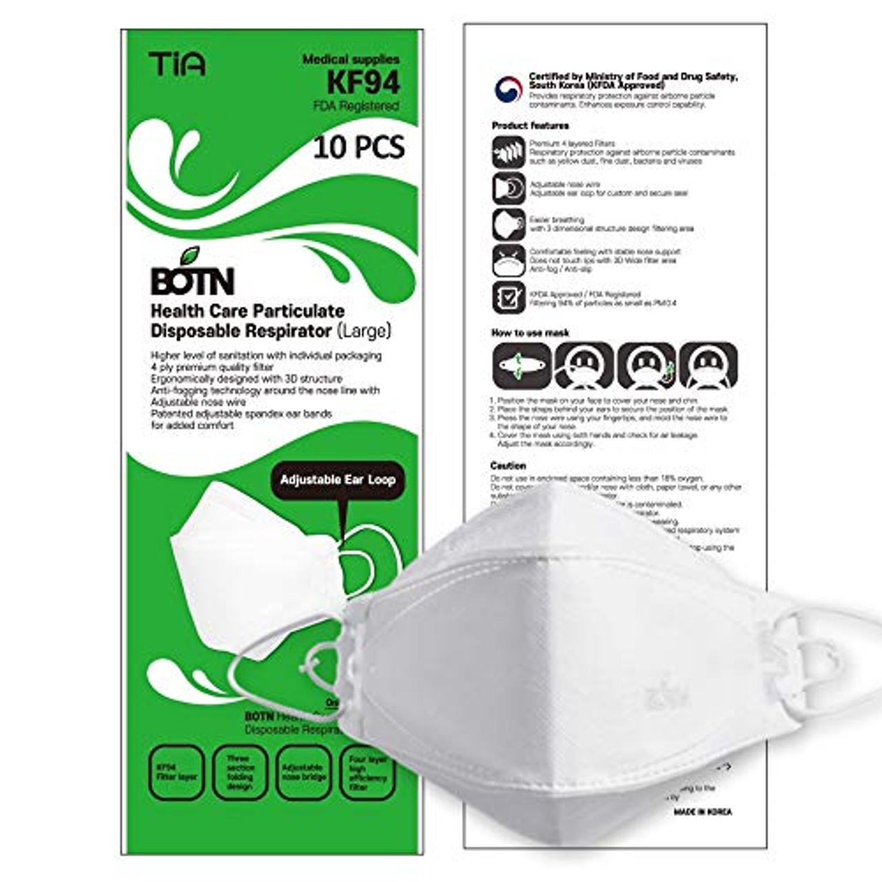 10pcs BOTN KF94 Face Mask Made in Korea White Color Disposable KF94