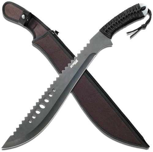 Jungle Master JM031B Machete, Black Reverse Serrated Blade, Black Cord