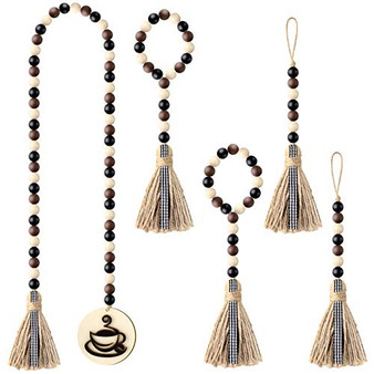 5 Pieces Coffee Wood Bead Garland Brown Black White Beaded Garland with Tassels and Coffee Tag Hanging Garland Farmhouse Prayer Bead Garland Buffalo Check Tassel for Coffee Bar Tiered Tray Decor