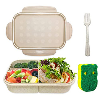 Bento Box Japanese Lunch Box - LAIDIAN 3 Compartment Bento Box for Kids Adults with Fork - Leak-Proof Durable Containers for On-the-Go Meal, BPA-Free and Food-Safe Materials -Beige-