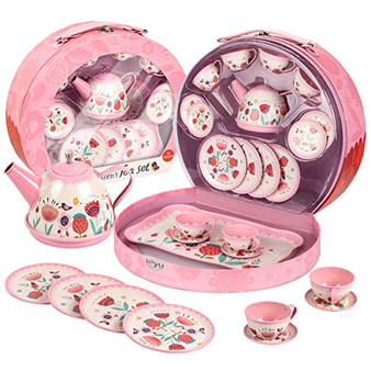 UNIH Tea Set for Little GirlsKids Tea Set Pink Tin Tea Party Set with Carry Case Pretend Play Tea Set Toys for Kids Toddlers