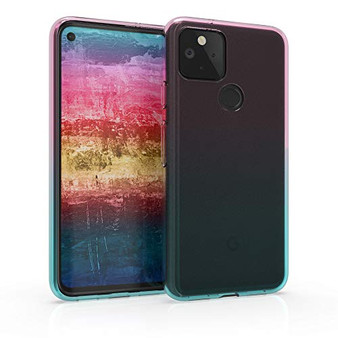 kwmobile Case Compatible with Google Pixel 5 - Case Transparent Gradient Phone Cover - Bicolor Dark Pink-Blue-Transparent