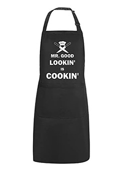 POTALKFREE Funny Apron for Men with 2 pockets Mr. Good Looking is Cooking BBQ Grill Kitchen Chef Aprons Gifts for Dad Husband Brother Friends