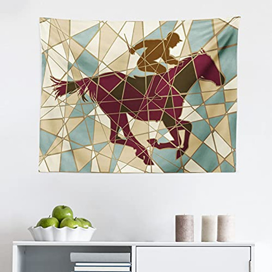 Ambesonne Mosaic Tapestry, Running Stable Racehorse and Jockey Silhouettes on Pieced Background, Fabric Wall Hanging Decor for Bedroom Living Room Dorm, 28" X 23", Purple Pale Brown Teal