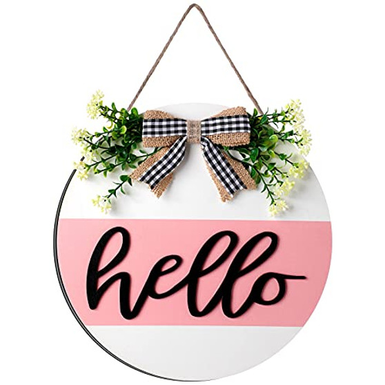 Hello Sign Rustic Front Door Round Wooden Hanging Wooden Door Wreath Hanger Farmhouse Porch Door Sign with Burlap Bow for Home Door Decoration -White and Pink-