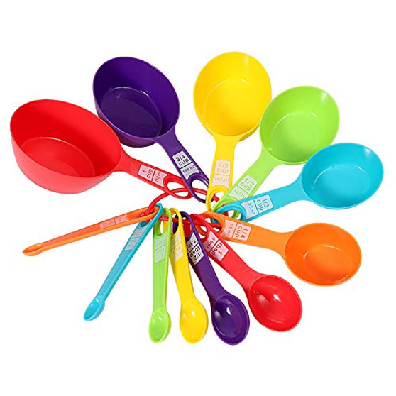 12 Pcs Measuring Cups and Spoons Set Color Plastic Measuring Cups Measuring Spoons Stackable for Measuring Dry and Liquid Ingredients Suitable for Kitchen Baking Cooking Tools -Random Color-