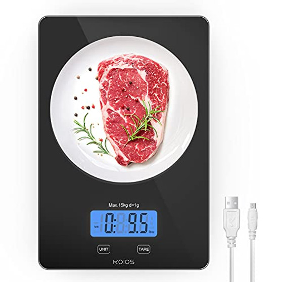 KOIOS Food Scale, 33lb/15Kg Digital Kitchen for Food Ounces and Grams Cooking Baking, 1g/0.1oz Precise Graduation, Waterproof Tempered Glass, USB Rechargeable, 6 Weight Units, Tare Function